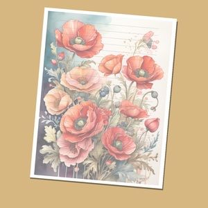 Poppies - Lined Stationery Paper (25 Sheets) 8.5 x 11 Premi…